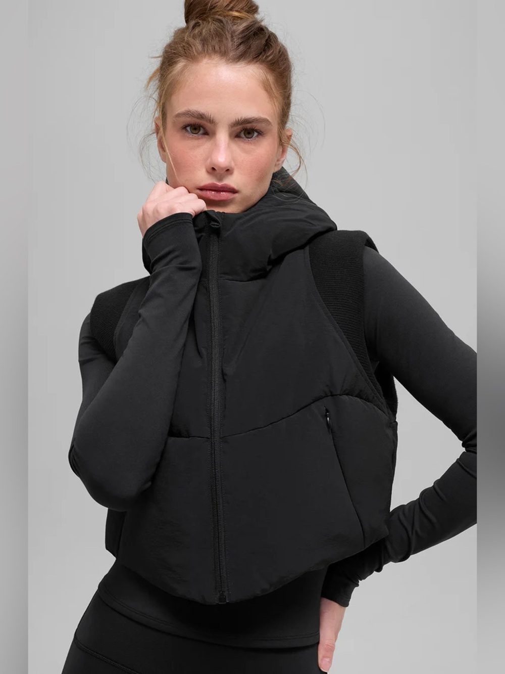 ALO Yoga Black Fast Lane Cropped Hooded Puffer Vest L - Picture 2 of 14